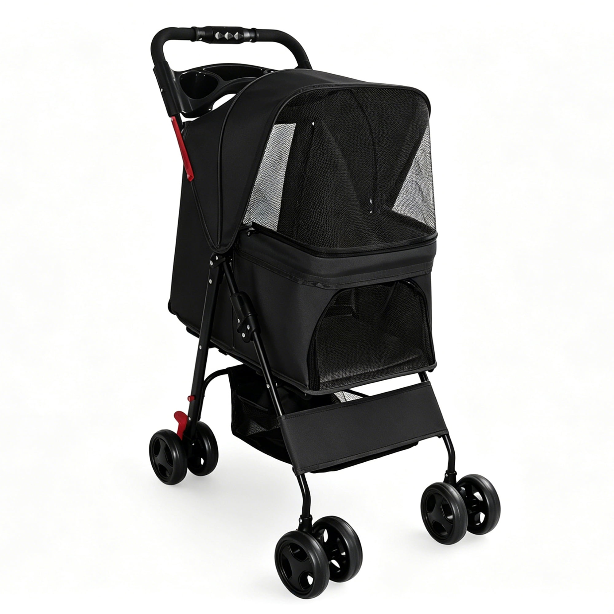 One-Click Foldable Black Pet Stroller for Small Dogs Cats, Holds Up to 28 LBS, Breathable Mesh, 360° Swivel Lockable Wheels, Storage Tray & Basket for Daily Walk Vet Travel