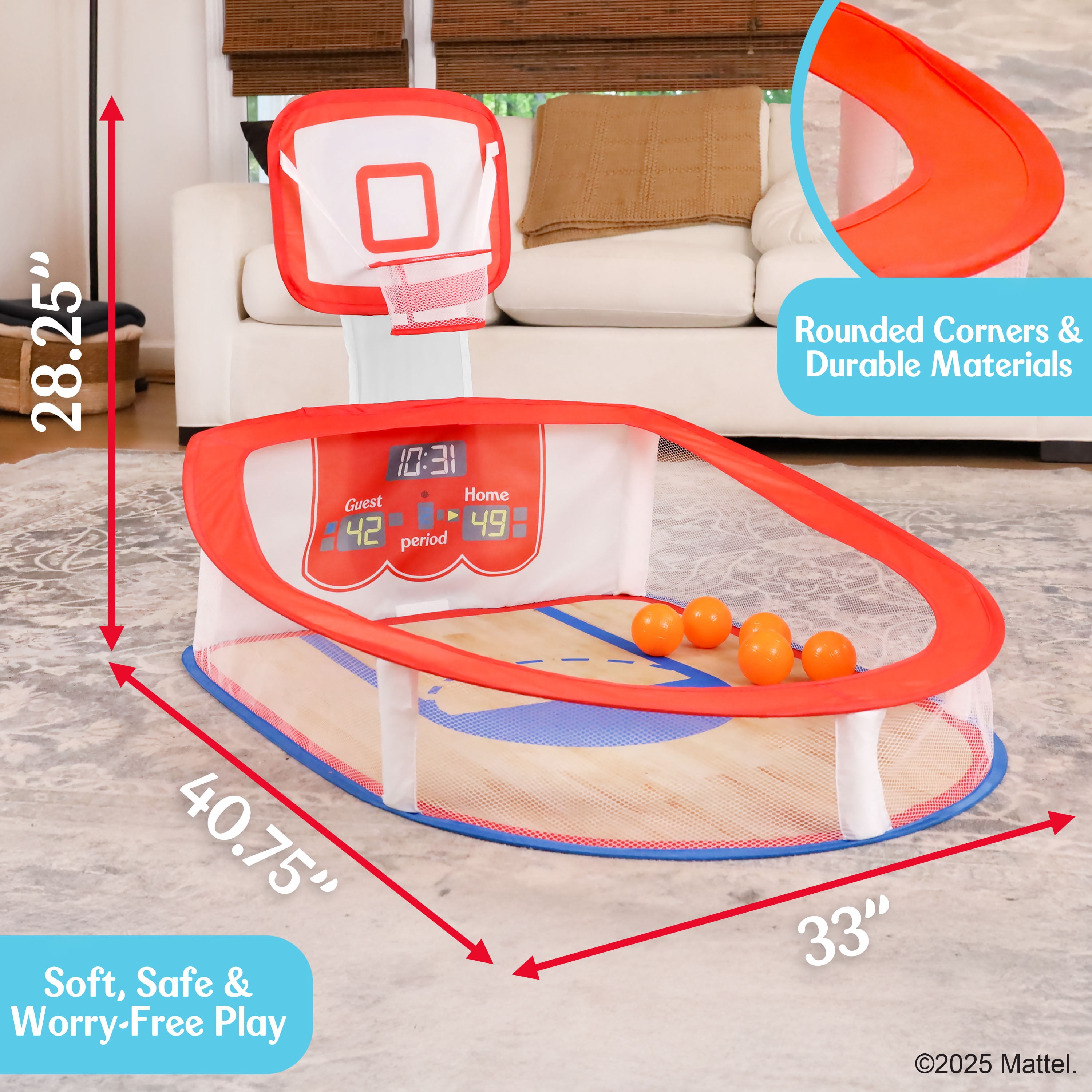 Fisher-Price Soft & Safe Basketball Set with Adjustable Backboard and 5 Air-Filled Balls for Indoor Play