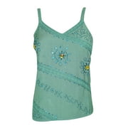 Mogul Women's Strappy Tank Top Green Embroidered V Neck Cami Top Blouse XS
