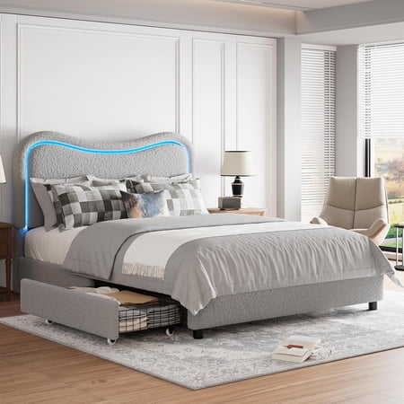 Queen Boucle Platform Bed Frame with 2 Storage Drawers – Upholstered Bed with LED Headboard, Wood Slat Support Needed, Gray