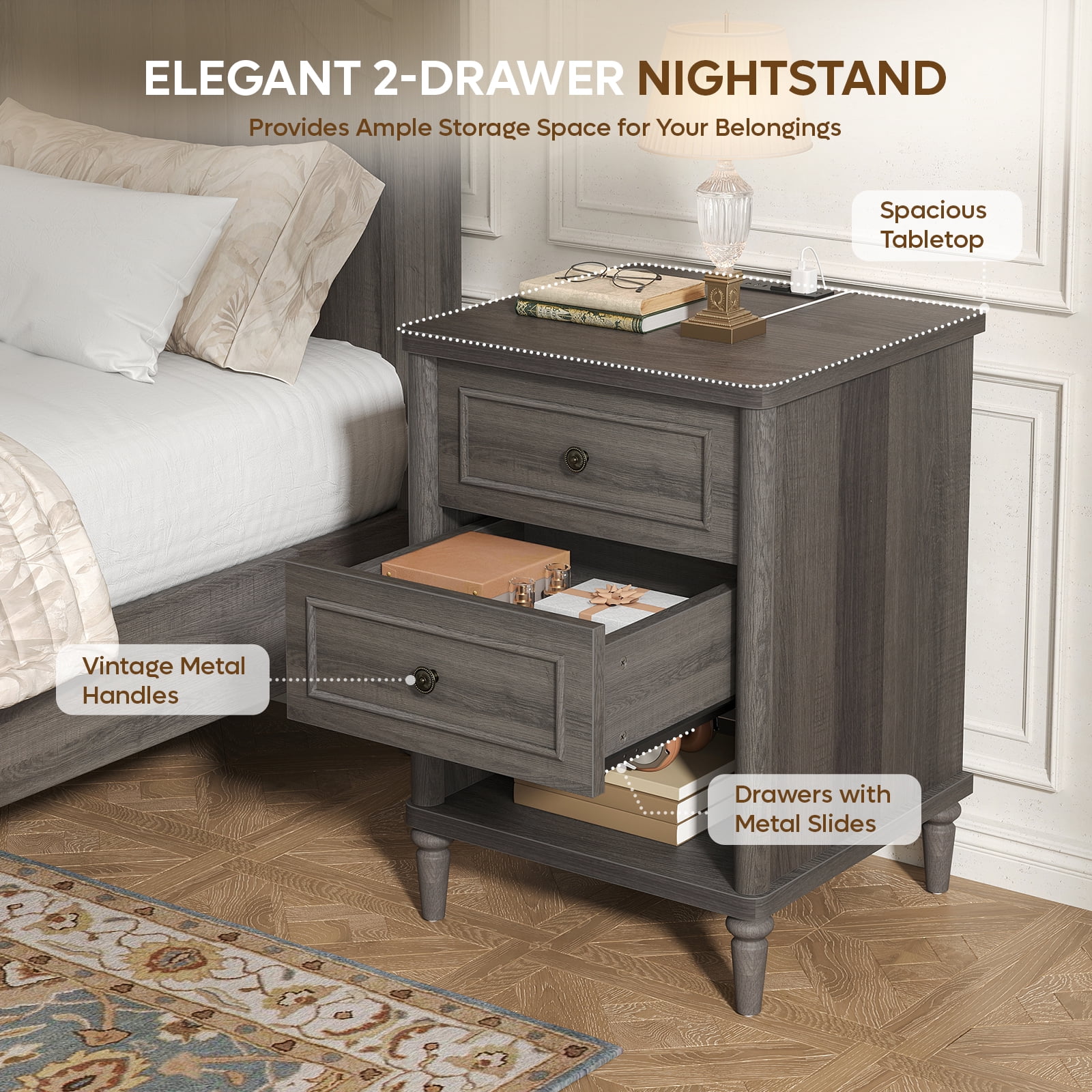 Bestier Farmhouse Nightstand with 2 Drawers, Wood Bedside Table with Charging Station, Sofa Side End Table Night Stand for Living Room, Bedroom, Home Office, Gray