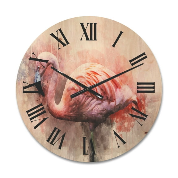 Designart 'Abstract Portrait of Pink Flamingo V' Farmhouse Wood Wall Clock