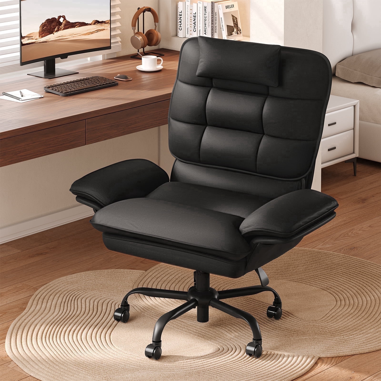Bestier Big and Tall Ergonomic Office Chair with Flip-Up Arms, PU Leather High Back Executive Swivel Desk Chair with Side Pockets & Headrest , Height Adjustable Computer Chair for Home, Black