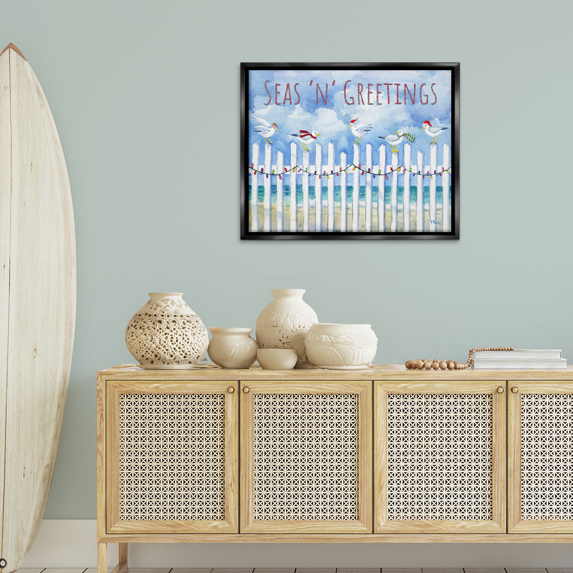 Stupell Industries Seas 'n' Greetings Seagulls Holiday Painting Black Floater Framed Canvas Art Print Wall Art, 31 x 25