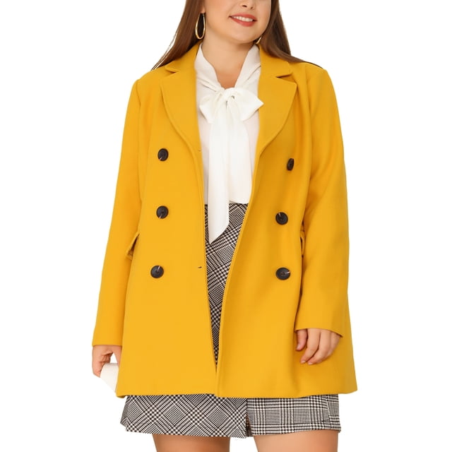 Abrigo largo de doble botonadura con solapa muesca para mujer en tallas grandes, ideal para un invierno elegante, 2X, color mostaza
