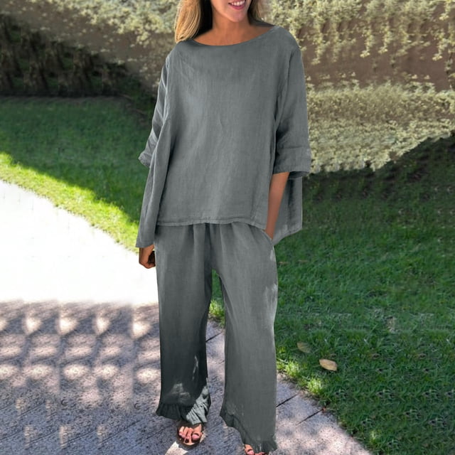 DecSea Two Piece Summer Sets Crewneck Shirt Pant Outfits Fashion Cotton Linen Workout Set Comfy Lightweight Solid Suits
