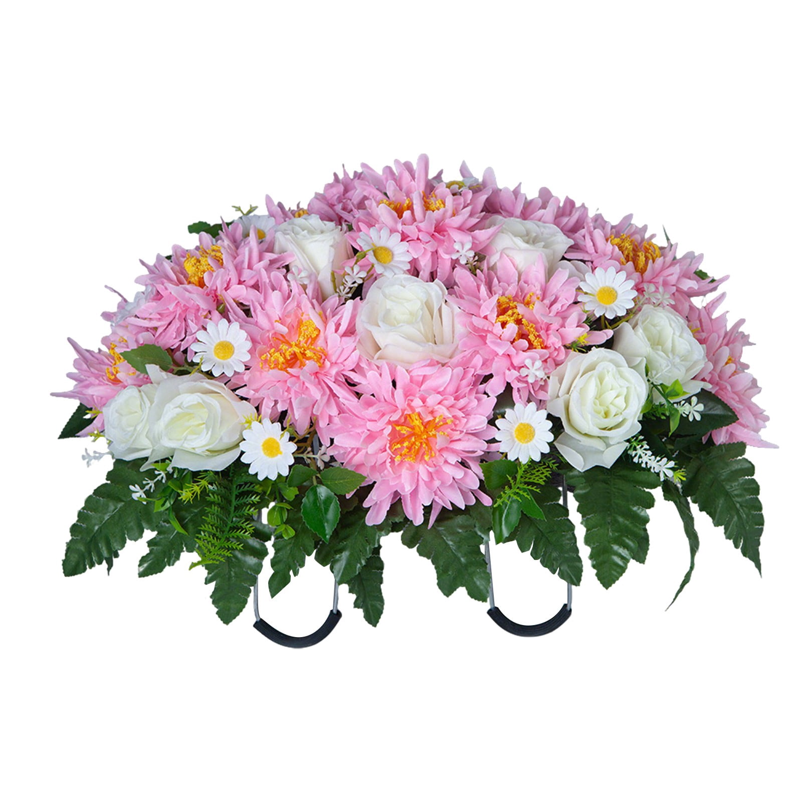Artificial Cemetery Flower Saddles for Graves, Cemetery Memorial Flowers for Outdoor Tombstone Headstone Decorations, Lily Rose Gerbera Flowers Saddle, Pink
