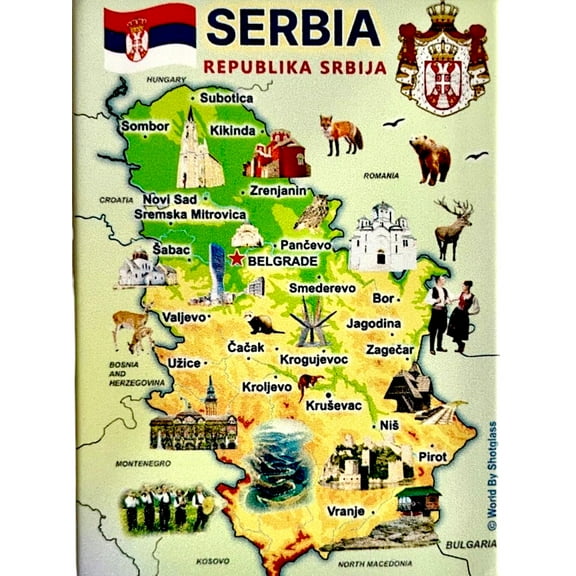 Serbia Graphic Map and Attractions Souvenir Fridge Magnet 2.5" X 3.5"