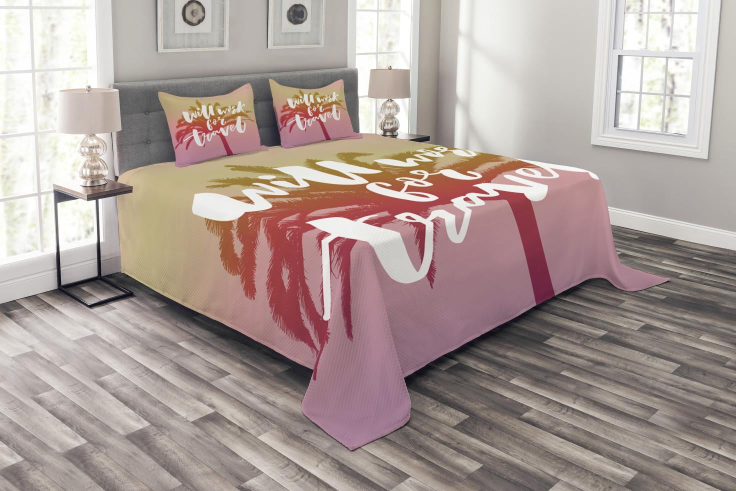Funny Words Bedspread Set Queen Size, Dreamy Background with Tropical