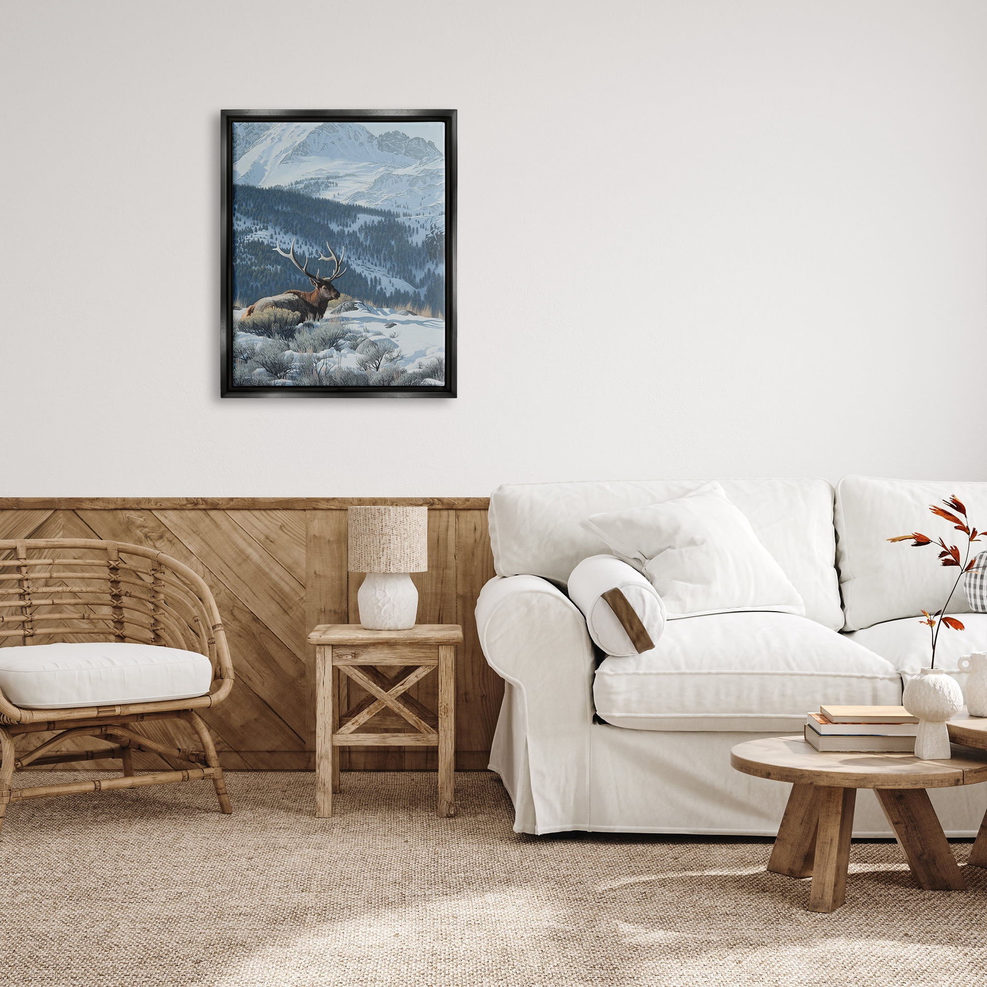 Stupell Industries Deer in Snowy Mountains Nature Painting Black Floater Framed Art Print Wall Art, 25 x 31