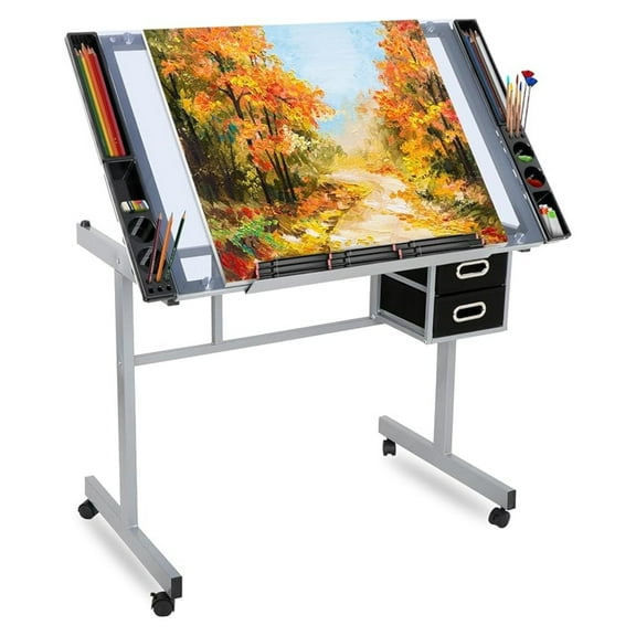 AIZYT Height Adjustable Drawing Desk Glass Top Rolling Drafting Table Art Craft Draft Station Home Office Workstation w/Drawers and Wheels