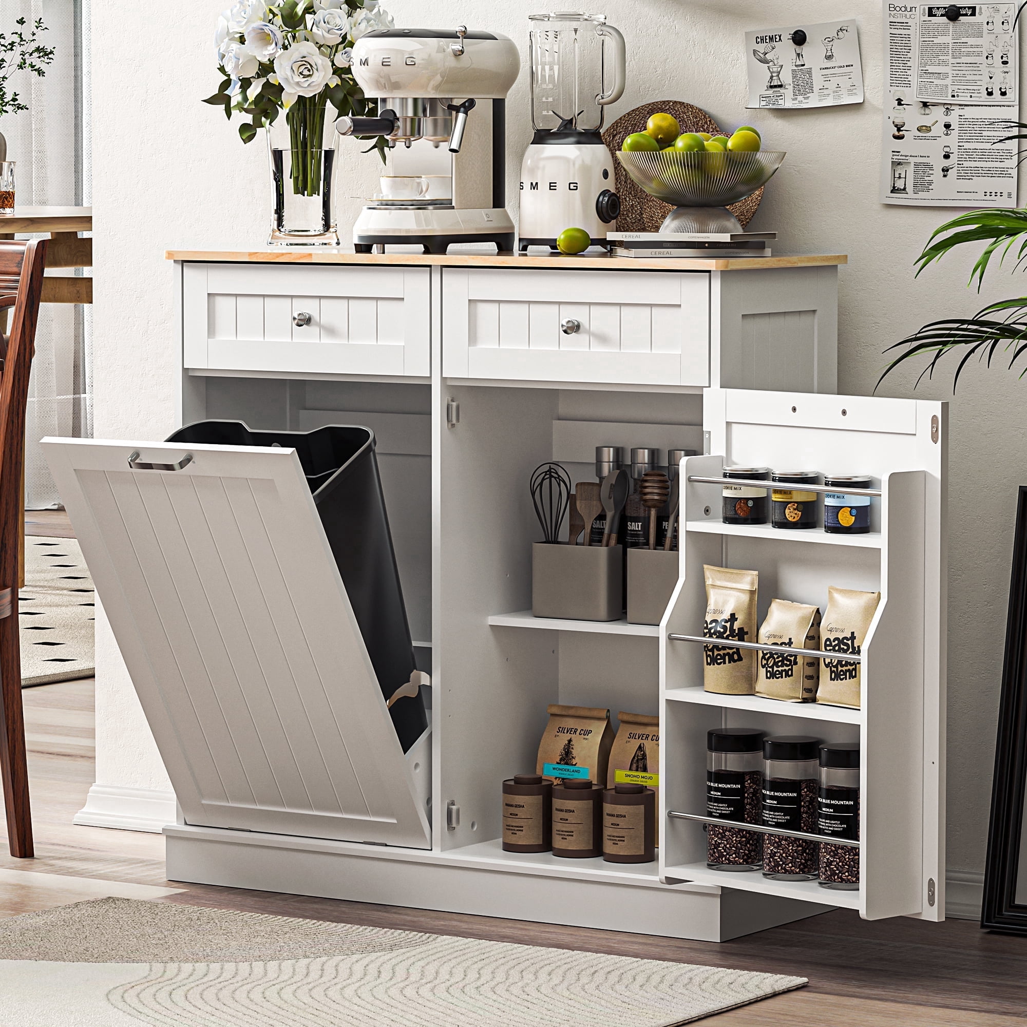 AHB 13 Gallon Single Tilt Out Trash Cabinet with Shelf, Kitchen Trash Can Storage Organizer, 39.38"L x 14"W x 38.3"H, White
