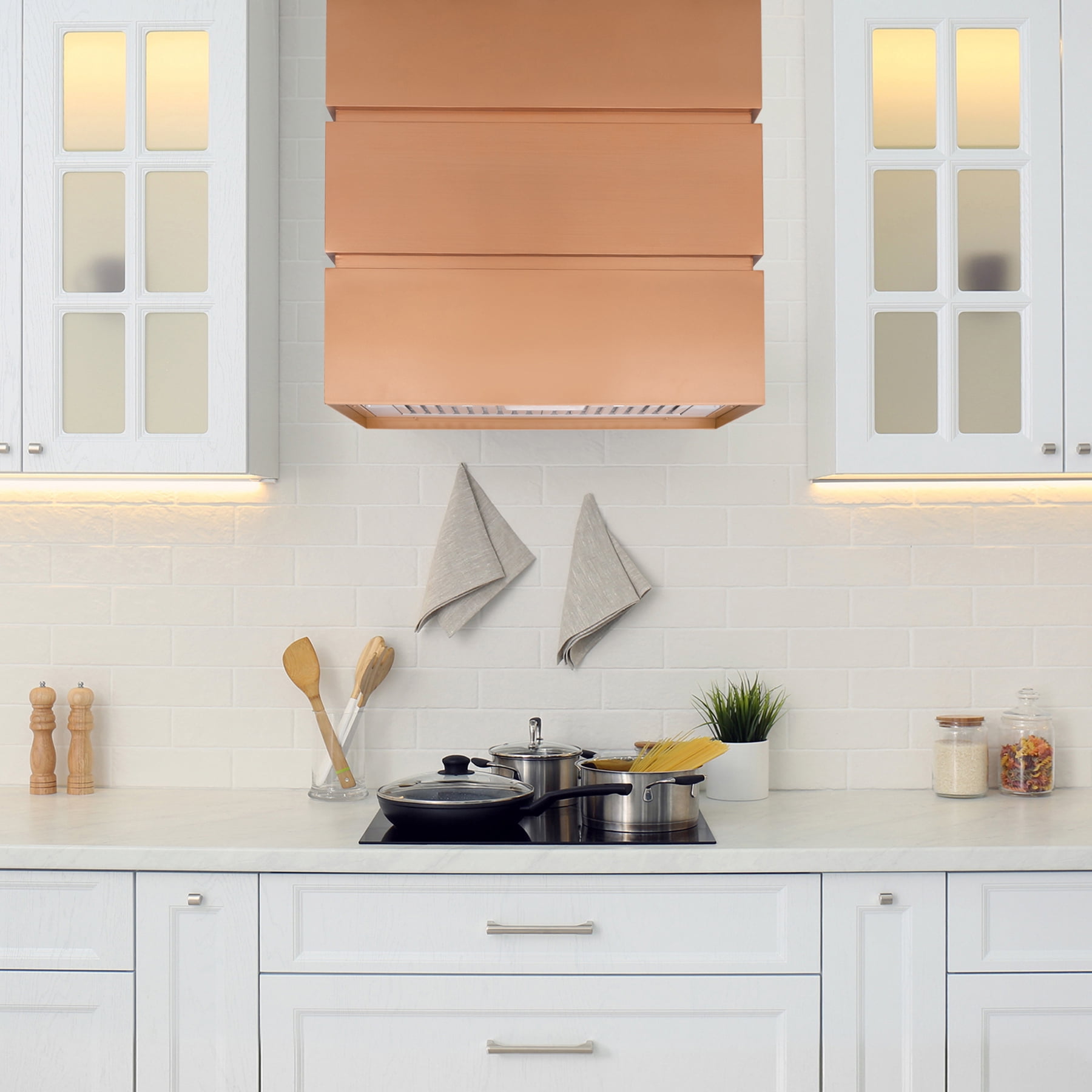 Akicon 30" Stainless Steel Range Hood, 3 Stacks Modern Box Ducted Kitchen Hood with Powerful Vent Motor, Wall Mount, 30"W*30"H*14"D, Copper