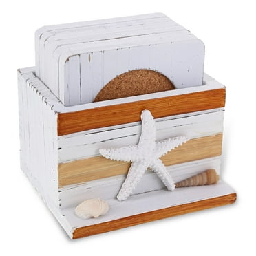 CoTa Global Brown Nautical Wooden Coaster Set - Table Top Centerpiece Coastal Decor for Kitchen, Home, Beach House, Rustic Decorative 6 Coasters Set with Starfish Holder - Handmade Color May Vary