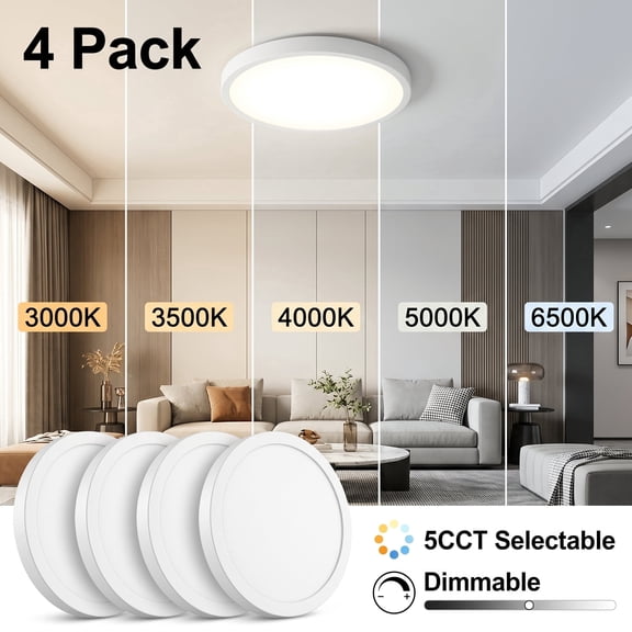4 Pack 12 Inch LED Flush Mount Ceiling Light, Dimmable with 5 Color Temperatures, Modern Fixture for Kitchen, Bedroom and Hallway