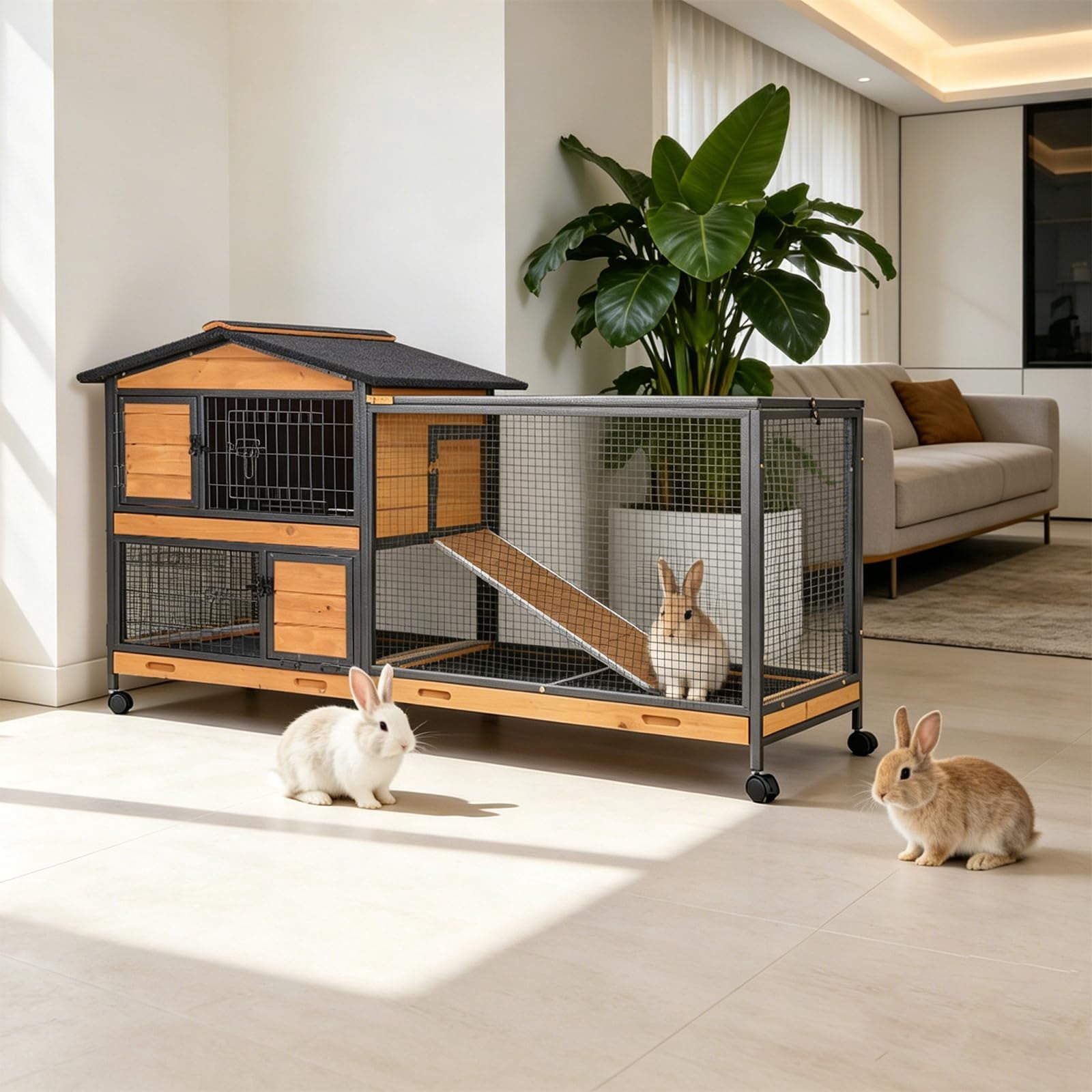 Aivituvin 62" Rabbit Hutch with Wheels for Outdoor & Indoor, 2-Story Bunny Cage with Pull Out Tray, Chew-Proof Ramp, Waterproof Roof, Orange