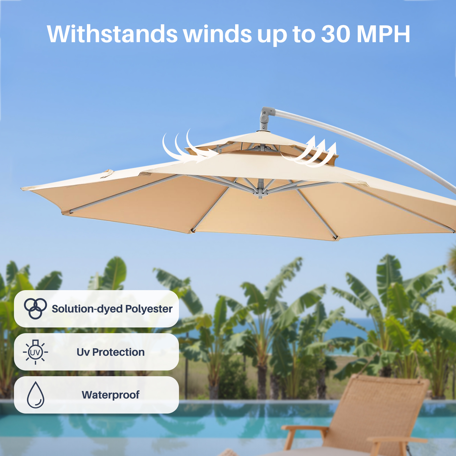 10' Outdoor Patio Umbrella, 2 Tiers Offset Hanging Umbrella, UPF50+ Large Umbrella for Patio, Yard, Pool Side, 8 Sturdy Ribs, Push Button Tilt and Crank, Beige