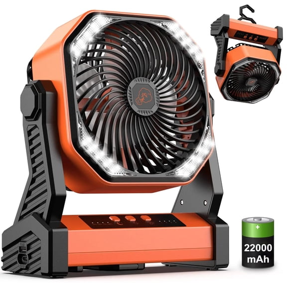 Rechargeable Portable Camping Fan With LED Lantern 20000mAh Battery 4 Speeds Hanging Hook Timer Quiet Outdoor Desk Tent Fan for Travel Emergency Power Outage Fishing Hiking Indoor Outdoor Use