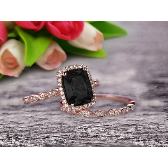 Bridal Set 2.50 Carat Cushion Cut Black Diamond Moissanite Engagement Ring Set On 10k Rose Gold Art Deco Style Anniversary Gift