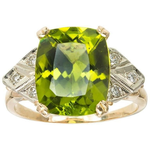 HeartsAndYou 4ct Natural Cushion Green Peridot & Diamond Cocktail Ring 14k SOLID Yellow Gold