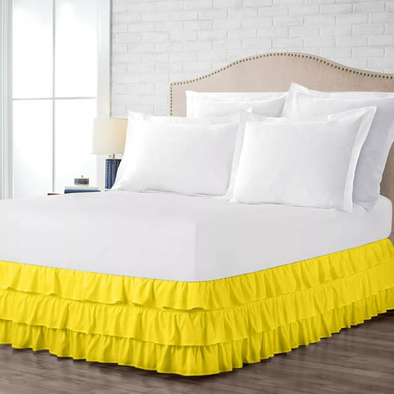 Three Quarter Size Tailored Drop Multi Ruffled Solid Bed Skirt with Adjustable Elastic Belt Microfiber Fabric Fade & Wrinkle Resistant Bed Frame Cover Easy to Fit & Care (19 Inch Drop, Yellow)