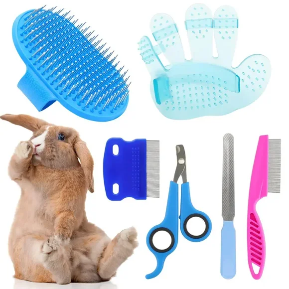 Rabbit Grooming Kit, 6 Counts/set Pet Hair Brush & Nail Clipper & Nail File & Comb, Professional Pet Grooming Tool for Small Animals