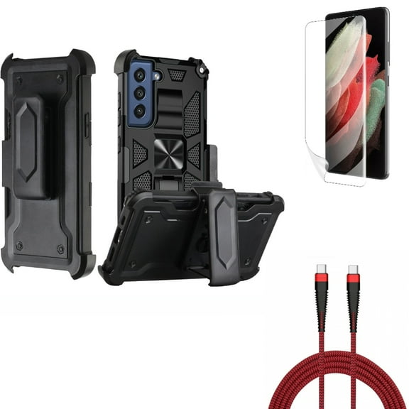 10ft PD Cable & Case Belt Clip & Matte Screen Protector for Samsung Galaxy S22 Plus (S22 ) - Combo Type-C to USB-C Charger Cord Power & Holster Swivel Cover & TPU Film Anti-Glare