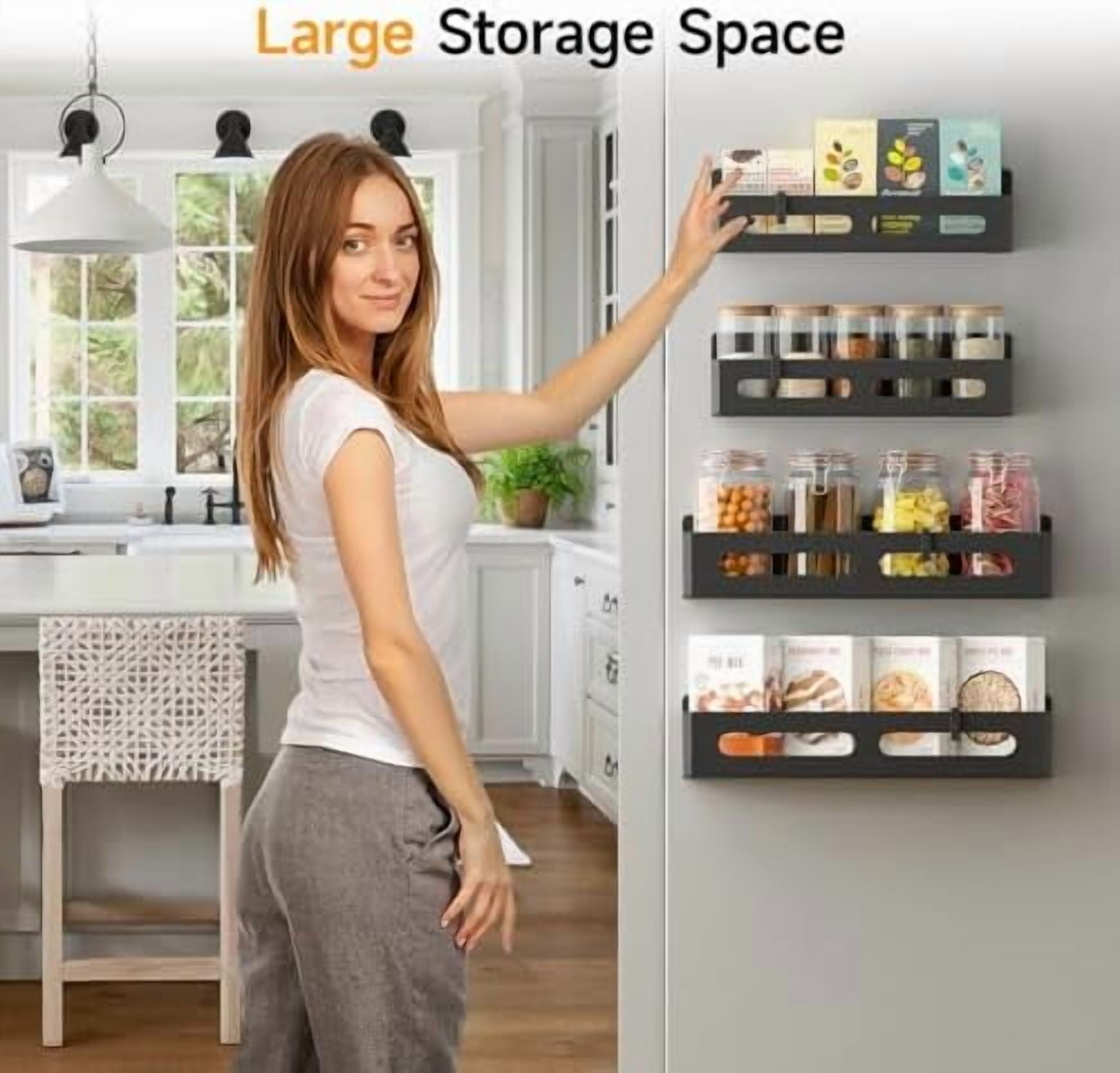 2 Pack Strong Magnetic Spice Rack for Refrigerator, Multipurpose Magnetic Shelf for Fridge with 4 Hooks for kitchen and Bathroom Organization, Black