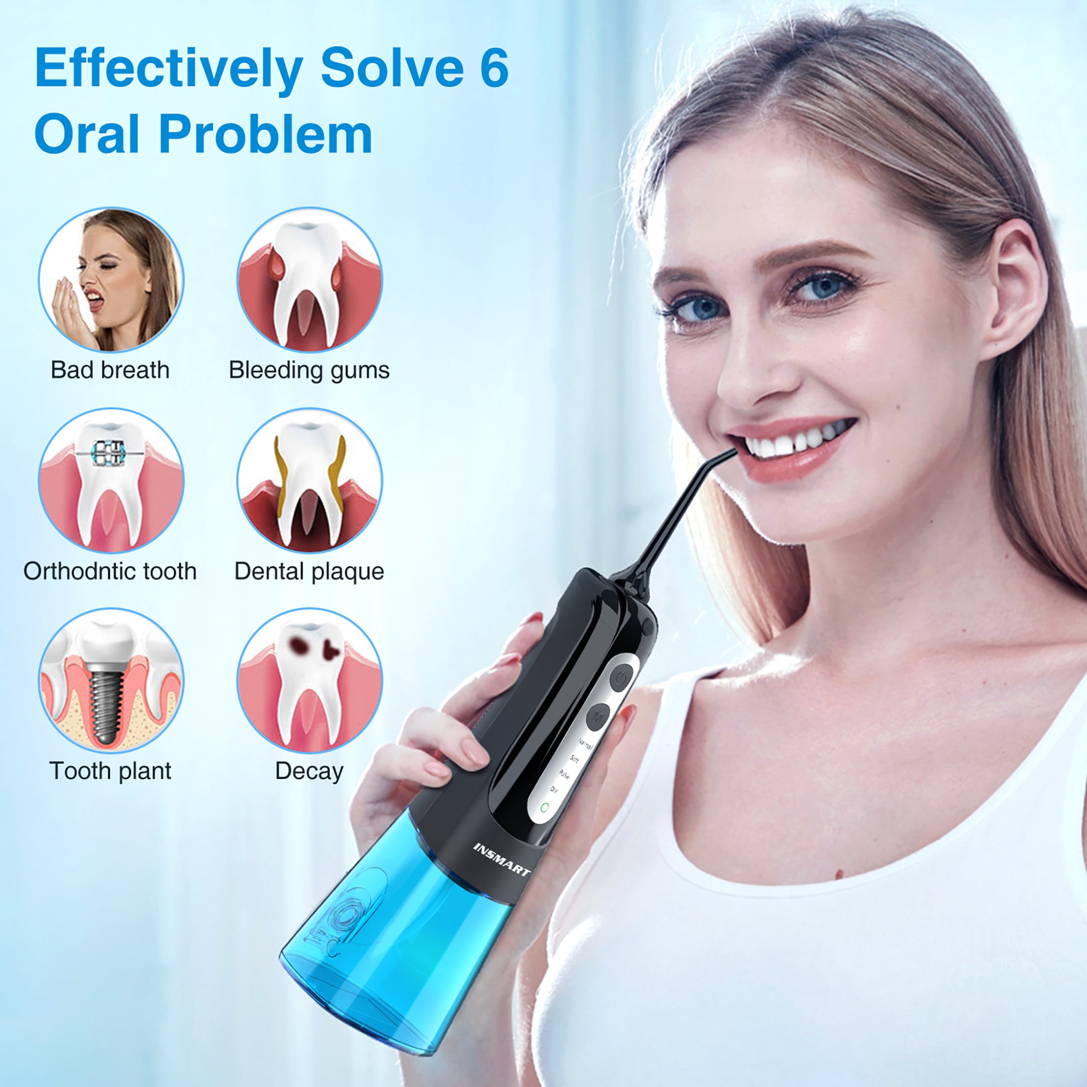 Cordless Water Flosser Dental Teeth Cleaner, INSMART Professional 300ML Tank DIY Mode USB Rechargeable Dental Oral Irrigator for Home and Travel, IPX7 Waterproof 4 Modes Irrigate for Oral Care