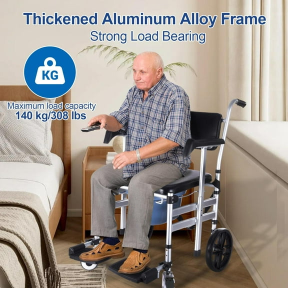 Shower Wheelchair with Removable Toilet Riser, Foldable Commode Chair with Wheels, Durable Aluminum Frame for Home and Hospital Settings