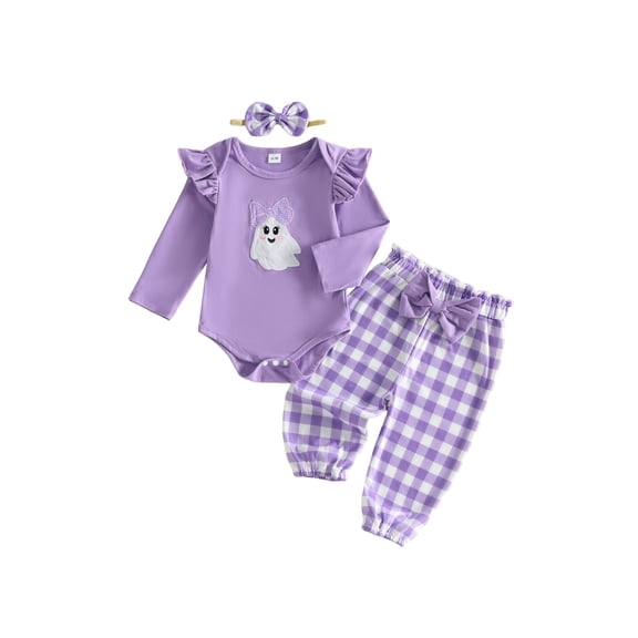 Cjfdfynewborn Baby Girl Halloween Outfit Pumpkin Ghost Embroidered Romper Plaid Pants And Bow Headband Three Piece Set Infant Cute My First Halloween Fall Winter Outfit