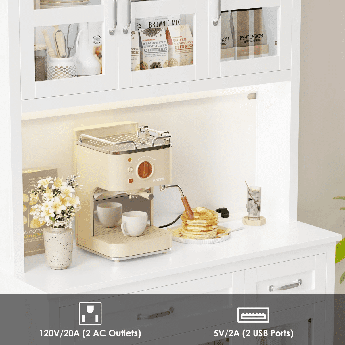 Hiphuta 71" Kitchen Pantry Cabinet with Charging Station & Light, Tall Pantry Large Storage Space Cabinet with Microwave Stand, Modern Freestanding Hutch with Countertop for Dining Room, White