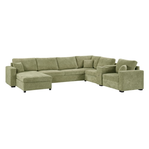 134" U-Shape Modular Sectional Sofa, 5-Seat Couch with Chaise Lounge, Deep Seat, Built-In Cup Holders, Storage Drawer and Pillows, Green
