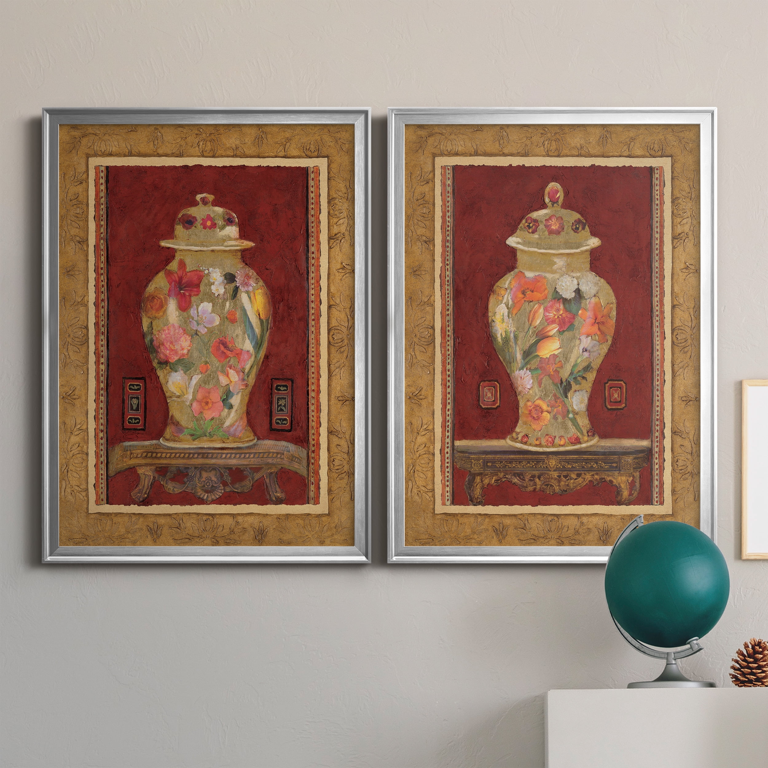 2 Piece Set Romantic Urn I Premium Framed Canvas - Ready to Hang - 26.5 x 36.5 Each - Silver Frame