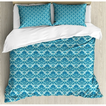 Damask Duvet Cover Set Blue Colored Pattern With Western Style