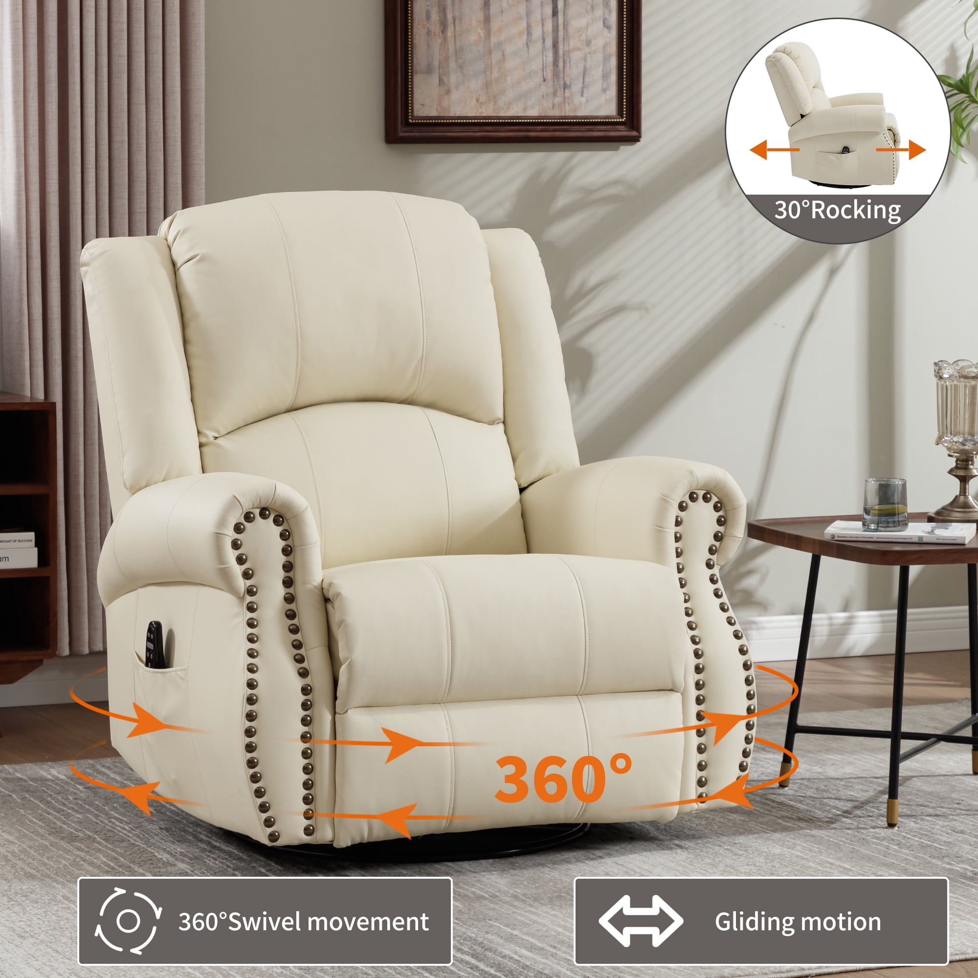 Leumius Oversized Swivel Recliner Chair for Adults,Swivel Rocker Recliner with Vibration Massage and Lumbar Heating for Living Room,Rivet Design,Beige