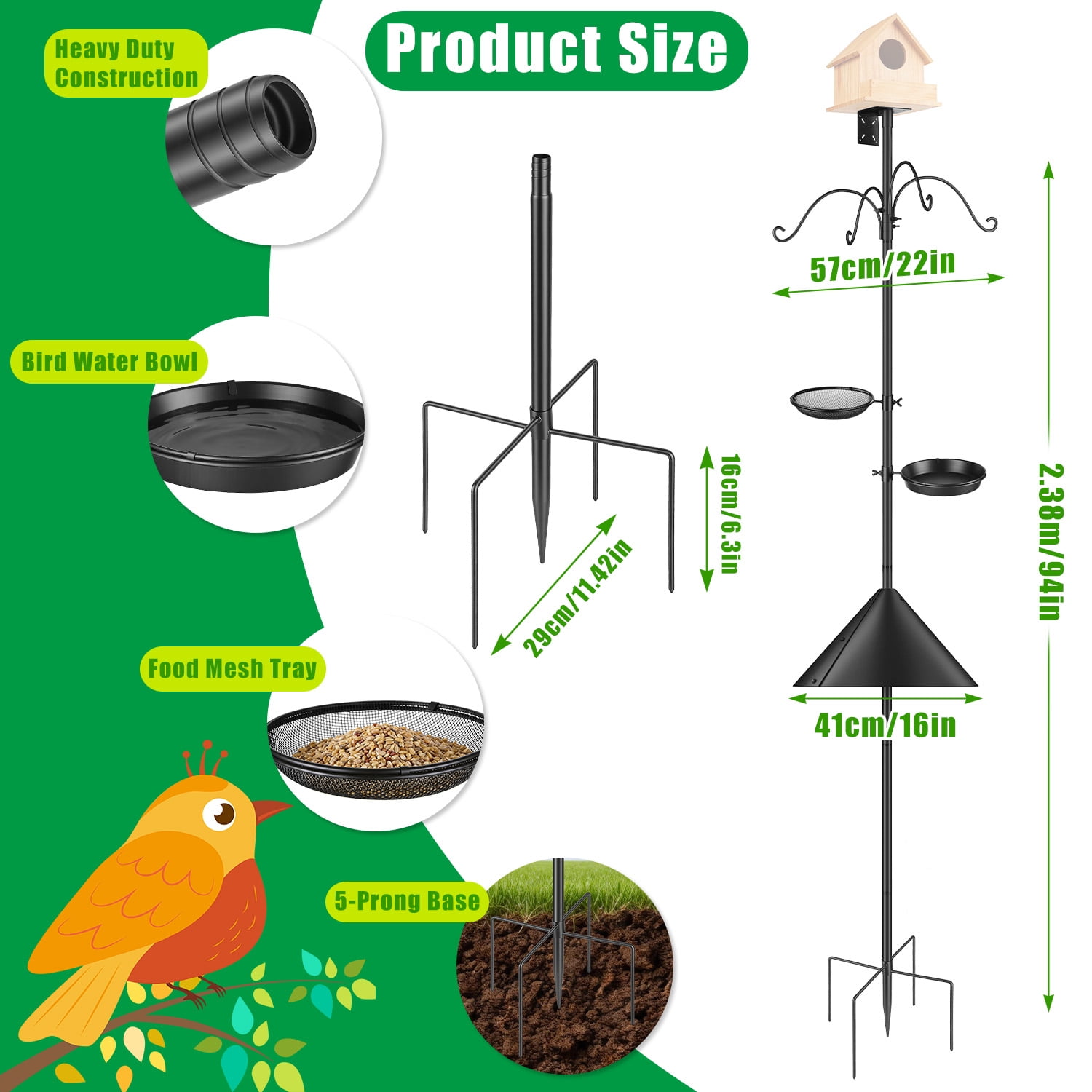 Teqhome 94Inch Bird Feeder Pole Squirrel Proof, Heavy-Duty Bird Feeder Stand with 5 Adjustable Heights, 4 Shepherd Hooks, Top & Side Mount Brackets, 5-Pronged Base for Outdoor Bird Feeding Station