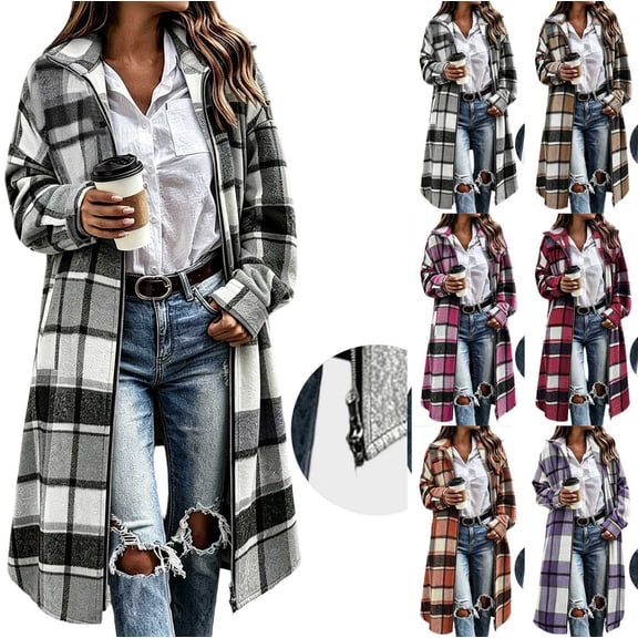 Women Long Plaid Shacket Collared Full Zip Up Mid Long Tartan Jacket Loose OverSize:d Casual Flannel Coat with Side Pockets