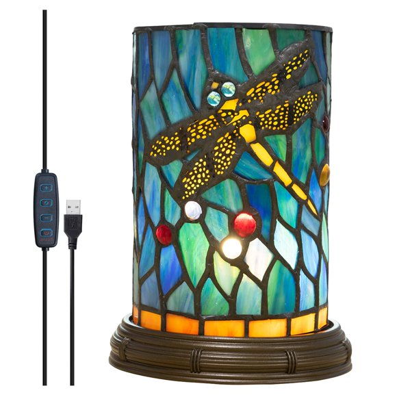 FSLiving Tiffany Style Accent Lamp Table Lamp Stained Glass USB-Powered Cord Yellow Dragonfly Desk Light with Color Changing Vintage Antique Light Decor Nightstand Dimming Up Light for Gift