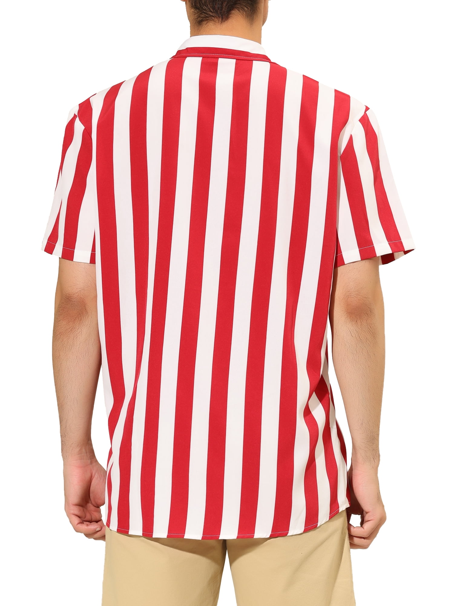 Unique Bargains Men's Short Sleeved Color Block Button Down Beach Stripe Shirt S Red