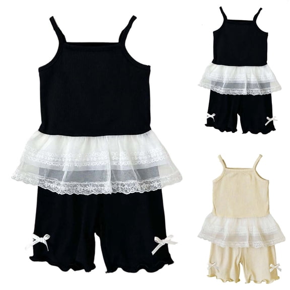 Stamzod Toddler Girl Outfits Casual Lace Camisole Tops Ribbed Shorts Set Girls Summer Clothes Black 2 Years