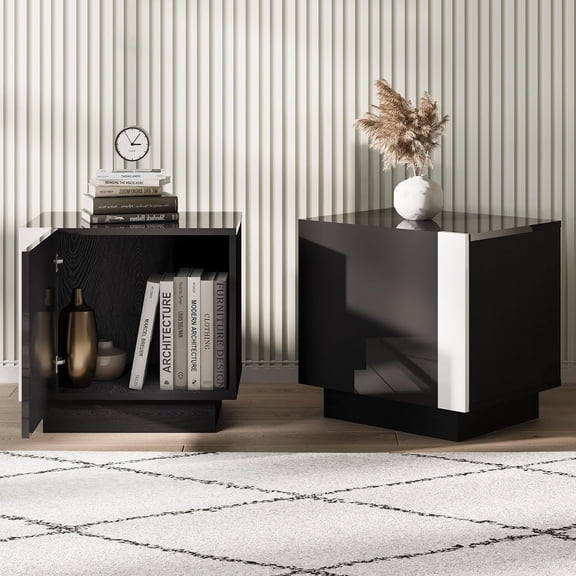 AMERLIFE 2PCS Entertainment Center Side Table Set with Storage, Modern High Gloss End Tables with 2 Cabinet Doors, for Living Room/Bedroom/Office