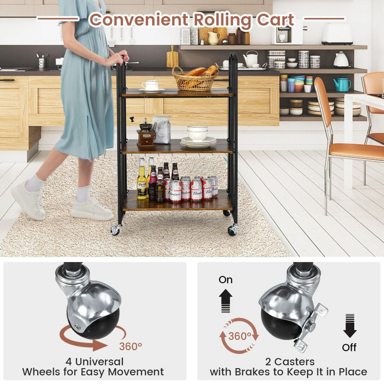 Finihen Rolling Cart, Kitchen Island Cart, Foldable Rolling Cart with Storage Shelves-3-Tier, for Kitchen, Dining Room, Rustic brown Finihen Rolling Cart, Kitchen Island Cart, Foldable Rolling Cart with Storage Shelves-3-Tier, for Kitchen, Dining Room, Rustic brown