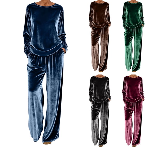 RongHuan Velvet Set 2 Piece for Women Casual Outfit Baggy Comfy Long Sleeve Crewneck Top Matching Straight Leg Pants