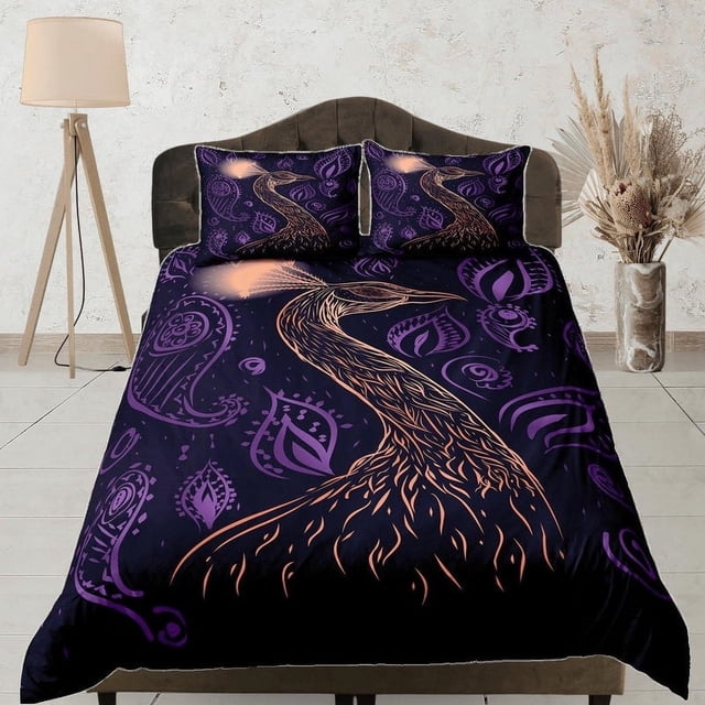 Pavo Real Decoración Púrpura Estética Juego de Cama Completo, Lujosa Funda Nórdica Queen,