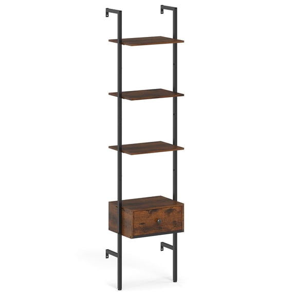 Barara King 5-Tier Ladder Bookshelf with Drawer and Metal Frame, Bookcase Display Standing Shelf for Study Home Office, Rustic Brown