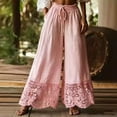 thumbnail image 3 of Womens Lace linen Trim Pants Casual Boho Smocked Elastic Waist Wide Leg Flowy Pull on Daily Vacation Beach Pants,L, 3 of 5