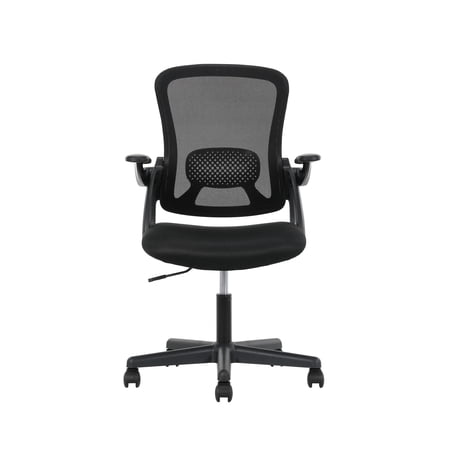 MAINSTAYS ERGONOMIC MESH BACK OFFICE CHAIR WITH FLIP UP ARMS FOR ADULTS, BLACK FABRIC, 275LB