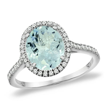 14K White Gold Natural Aquamarine Diamond Halo Engagement Ring 10x8 mm Oval, size 7