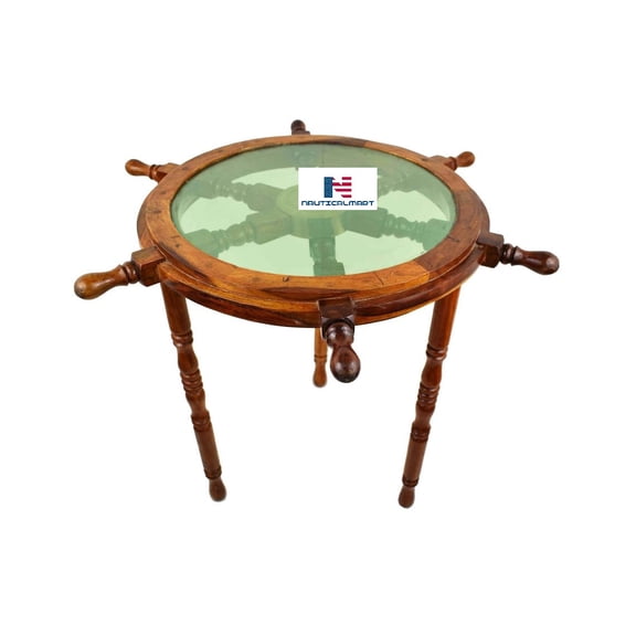 NauticalMart Wooden Ship Wheel Home Decor Glass Table | Pirate's Antique Brass Hub Motif (36 x 36 x 22 inches) (Green Glass Transparent)